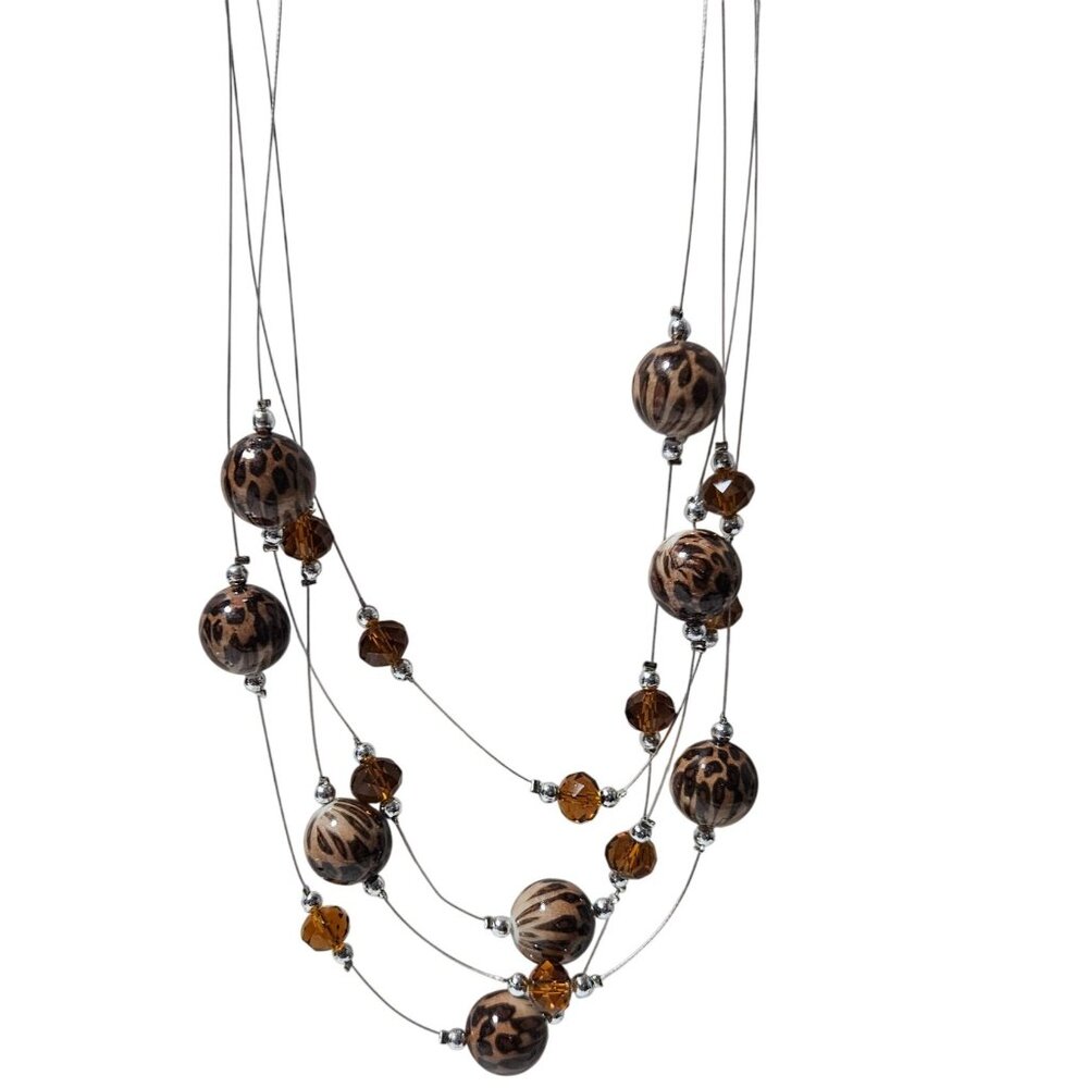 Leopard Print Beaded Necklace Multi Strand Amber Crystal Accents Fashion Jewelry